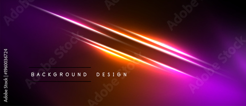 Abstract neon lines create vibrant gradient effect. Dark background emphasizes bright illumination, modern design element.