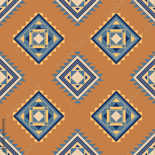 A bold and striking seamless pattern featuring traditional Southwestern tribal motifs. The design showcases intricate geometric diamond shapes with serrated edges, 