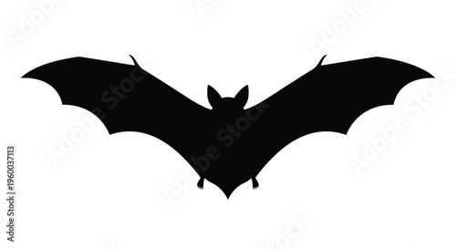 A stark black silhouette of a bat with outstretched wings facing forward