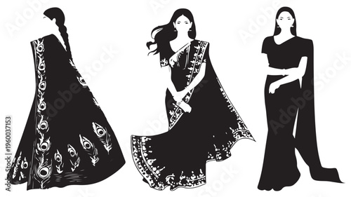 Indian Women Traditional Attire Saree Salwar Kameez Elegant Cultural Fashion Illustration Set