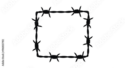 A square frame constructed entirely from sharp black barbed wire