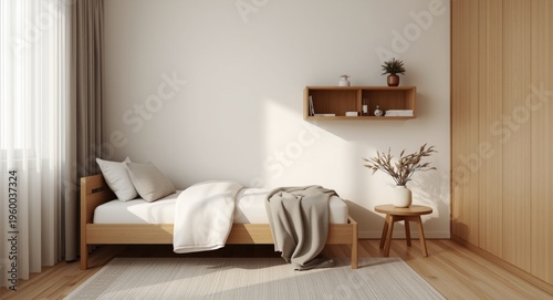 Cozy minimalist bedroom featuring a single bed and compact wall shelf