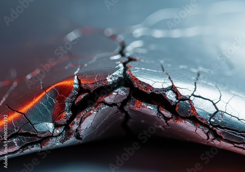 Abstract macro view of a metallic surface undergoing severe stress, showing the complex bending and structural failure of the material under intense pressure, complexity, metal, failure