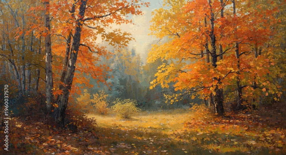 Obraz premium Fall colored woodland depicted through impressionist oil painting
