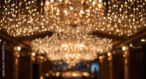 soft glowing bokeh background with blurred chandeliers in a luxury hotel bar for design