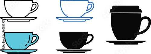 Various Coffee and Tea Cup Icons Set Vector Illustration for Menu Design