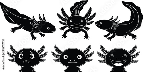Axolotl silhouette collection, aquatic outline figure, salamander motif illustration, amphibian icon art, expressive design graphic, gilled posture symbol image