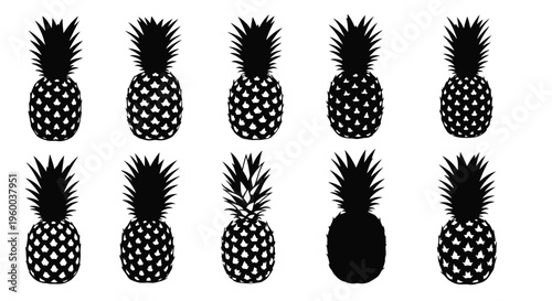 Black and white pineapples in a repeating pattern varying in size