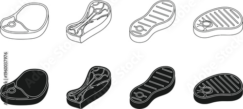 Steak Cuts Vector Illustration Set. Outline and Solid Black Icons.