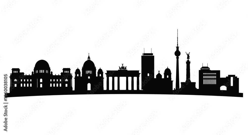 Fototapeta premium Berlin skyline silhouette against a plain white background showcasing recognizable landmarks