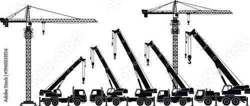 Construction crane silhouette collection, tower outline figure, mobile motif illustration, heavy lifting icon art, industrial design graphic, structural posture symbol image