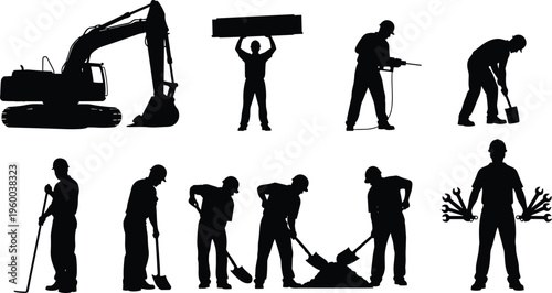 Construction worker silhouette collection, excavator outline figure, labor motif illustration, industrial icon art, building design graphic, heavy posture symbol image