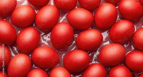 Group of red eggs resting on a clear surface with expansive copy space for text input