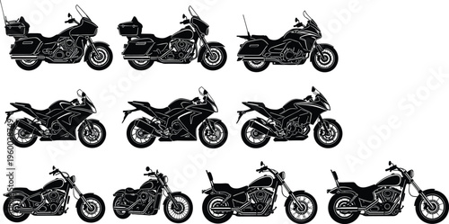 Motorcycle silhouette collection, touring outline figure, sport motif illustration, cruiser icon art, vehicle design graphic, riding posture symbol image