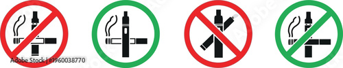 Smoking and Vaping Prohibition and Permission Signs Flat Icons Set Vector Illustration