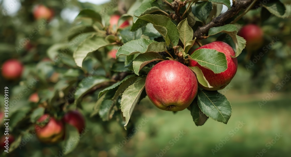 Obraz premium Ripened red apples prominently displayed on branches in a thriving apple orchard