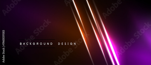 Abstract neon lines create vibrant gradient background. Purple, orange, pink hues dominate dark space. Minimalist design element.