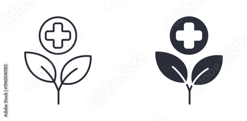 Medical plant icon set, healthcare nature herbal treatment cross leaf symbol, outline and solid style. Vector illustration.