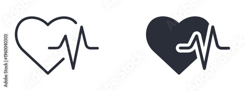 Heart pulse icon set, medical cardiology heartbeat monitor symbol, outline and solid style. Vector illustration.