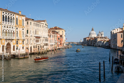 View of the Grand Canal (Canal Grande) in Venice and the famous Basilica of Santa Maria della Salute (La Salute). Venice. Italy
