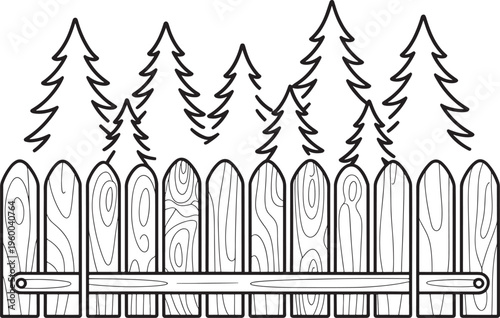 Wooden picket fence with pine trees in background, illustration
