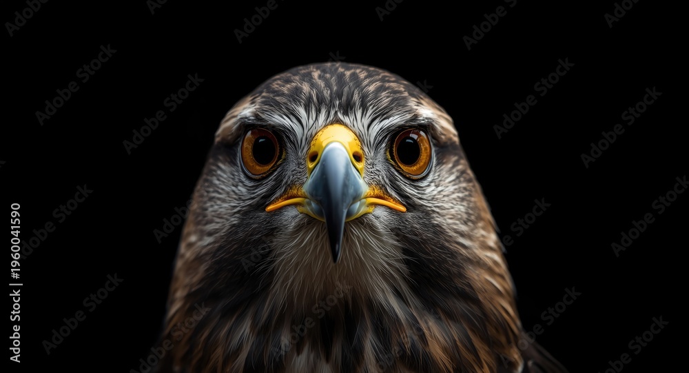 Fototapeta premium majestic view of a focused hawk close up with sharp beak and a darkened backdrop