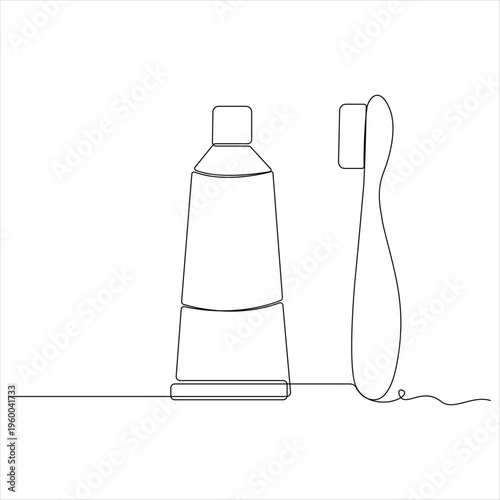 Continuous one line drawing of toothbrush and toothpaste