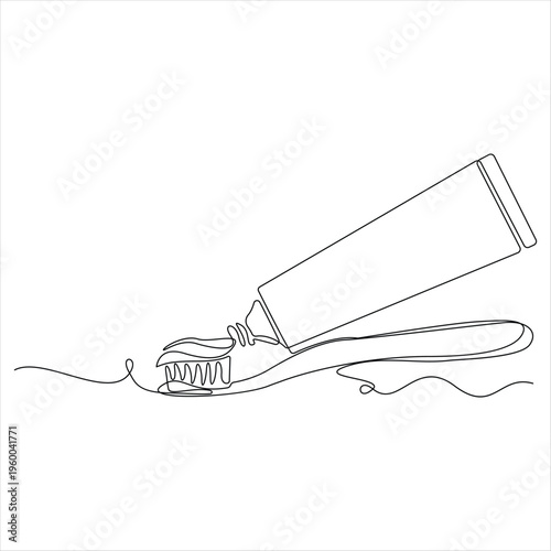 Continuous one line drawing of toothbrush and toothpaste