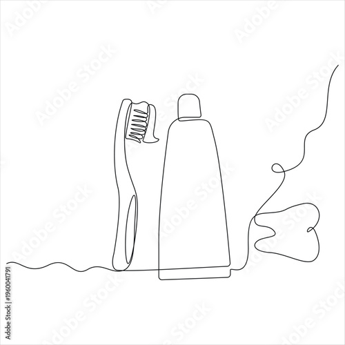 Continuous one line drawing of toothbrush and toothpaste
