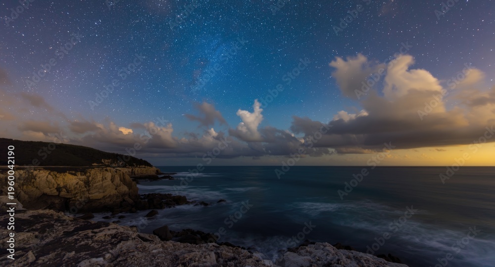 Fototapeta premium Serene night view of a summer coast with sparkling stars and ocean clouds