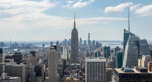 Panoramic cityscape with a distinctive tower and numerous office buildings