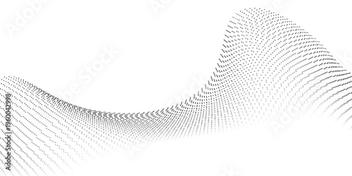 Flowing dots particles wave pattern 3D curve halftone black gradient curve shape isolated on white background. Vector in concept of technology science music modern vector wave
