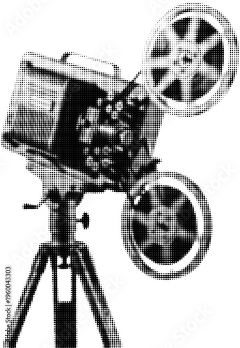 Vintage Projector: Capturing the nostalgia of cinema, a vintage film projector stands on a tripod, ready to bring stories to life. With spinning reels.