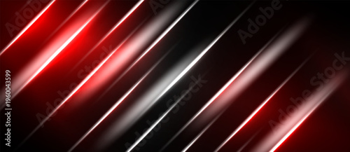 Abstract red lines diagonally cross black background. Bright highlights create dynamic visual effect. Modern design element.