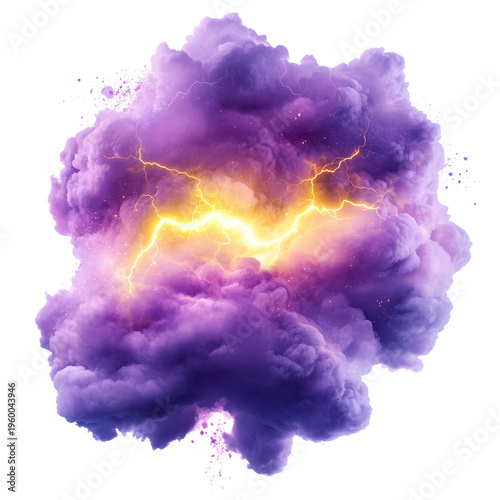 Clouds with purple color and lightning bolts during a storm at night with visible sparks in the air