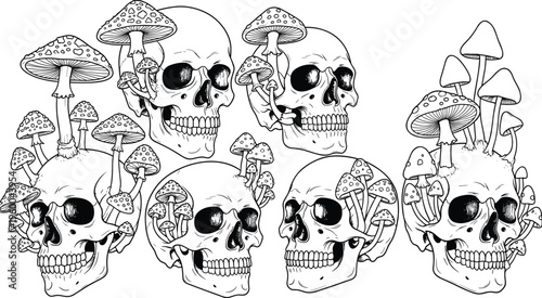Human skull with surreal mushroom growth, anatomical decay vector art, cad drawing flat vector illustration, black graphic design artwork