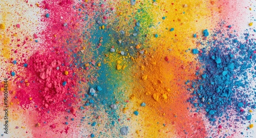 Abstract scene with scattered colorful powder creating vibrant surface texture