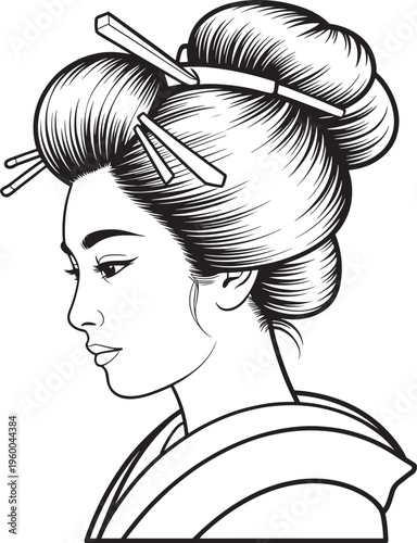 Geisha side profile portrait with traditional hair bun and kimono