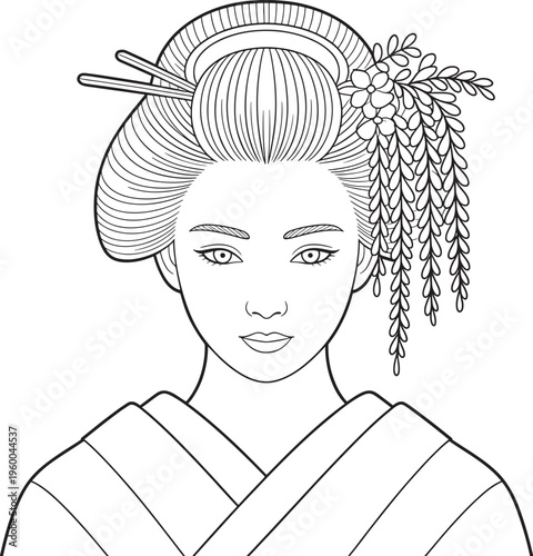 Geisha traditional hairstyle detail with floral ornaments and kimono