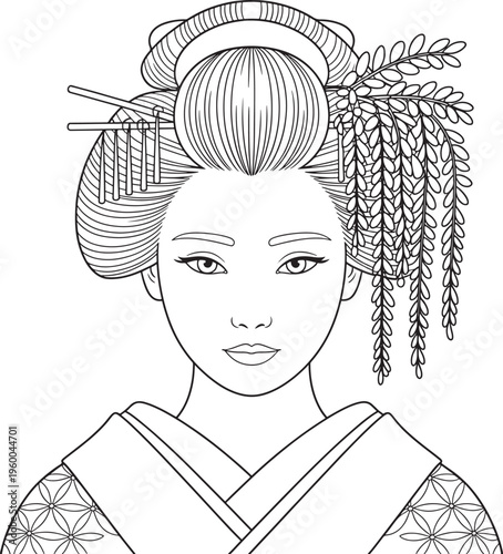 Geisha traditional hairstyle detail with kimono, Japanese culture line art