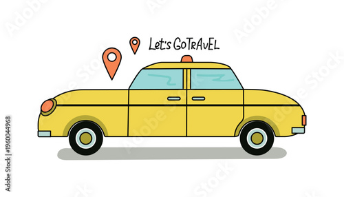 Yellow retro car. Hand-lettered. Travel, tourism. Cartoon transport, map markers. Drawing, doodle illustration.