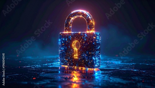 Digital glowing padlock made of blue and orange pixels, open to symbolize cybersecurity vulnerability, data access, and information security.