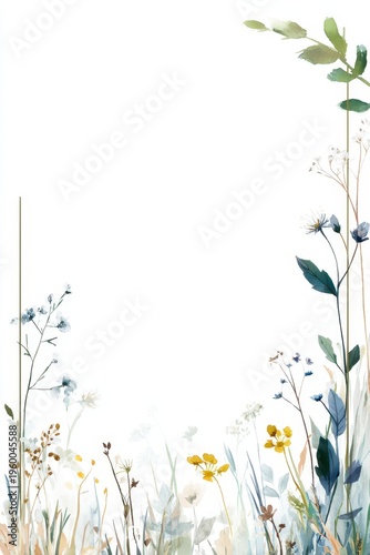 Soft pastel watercolor border with wildflowers and greenery for invitations