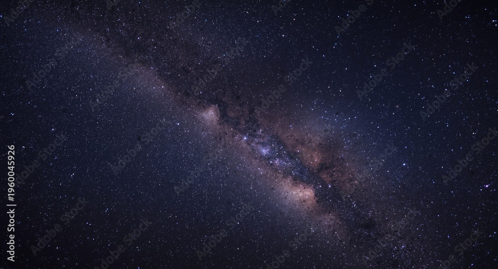 Fototapeta premium Panorama of star filled Milky Way with grainy texture on deep night universe