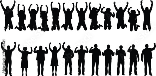 Jumping people silhouettes, group celebration poses, teamwork unity success, professional lifestyle diversity, office motivation, career growth achievement