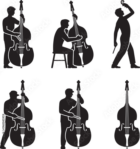 Jazz musicians playing double bass and trumpet in silhouette