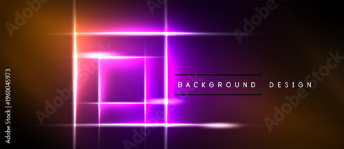 Neon squares overlap, creating vibrant glow. Gradient background transitions from orange to purple. Minimalist design with text elements.