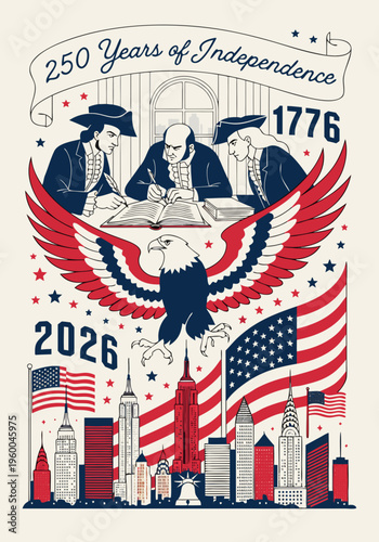 Vintage America 250 Independence Anniversary Poster with Eagle and Founding Fathers