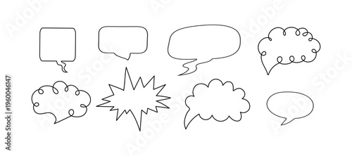 Speech bubbles empty, with space for text. Cloud-like spaces available for phrases, conversations, online chats, various words, and comments. Information forms are available to illustrate reactions.