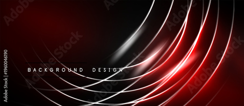 Abstract red lines create dynamic curves. Dark background enhances glowing effect. Modern design element for digital projects.